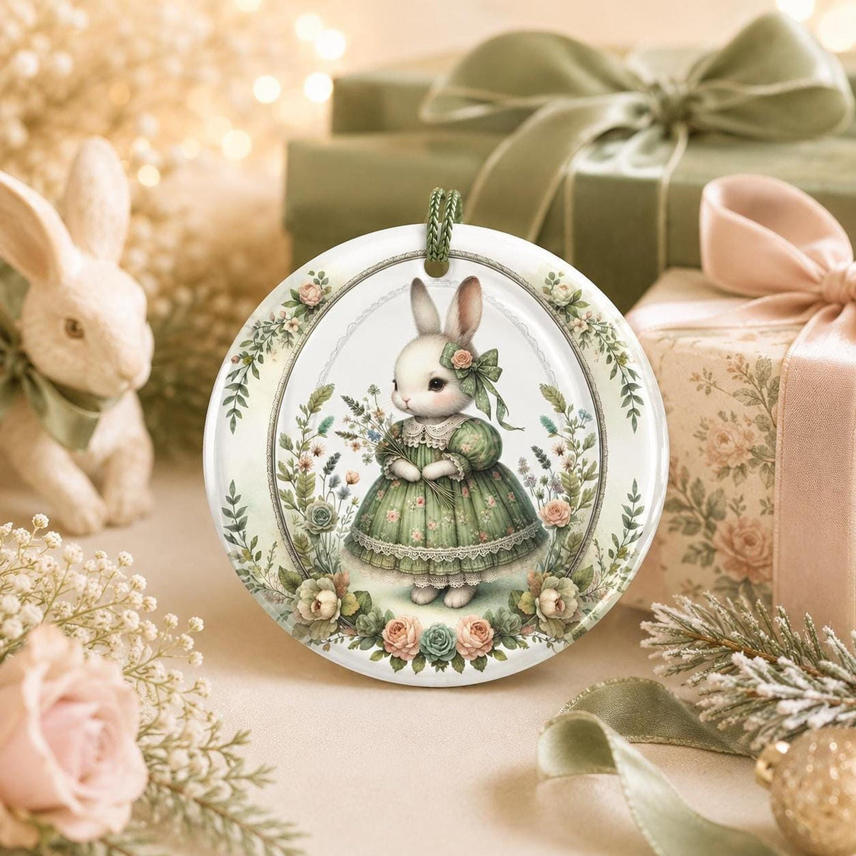 Rabbit Ornament, Vintage Bunny Ceramic Keepsake with Floral Design