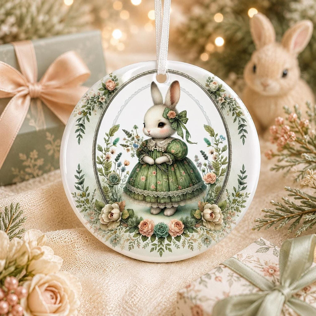 Rabbit Ornament, Vintage Bunny Ceramic Keepsake with Floral Design