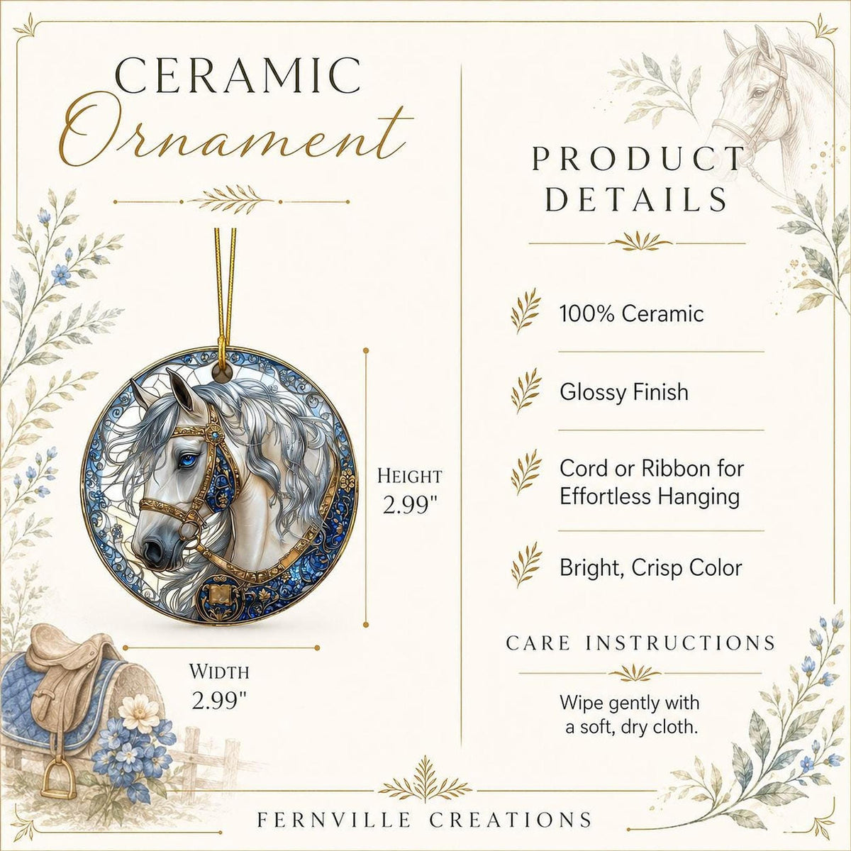 Elegant White Horse Ornament, Ceramic Keepsake with Floral Design