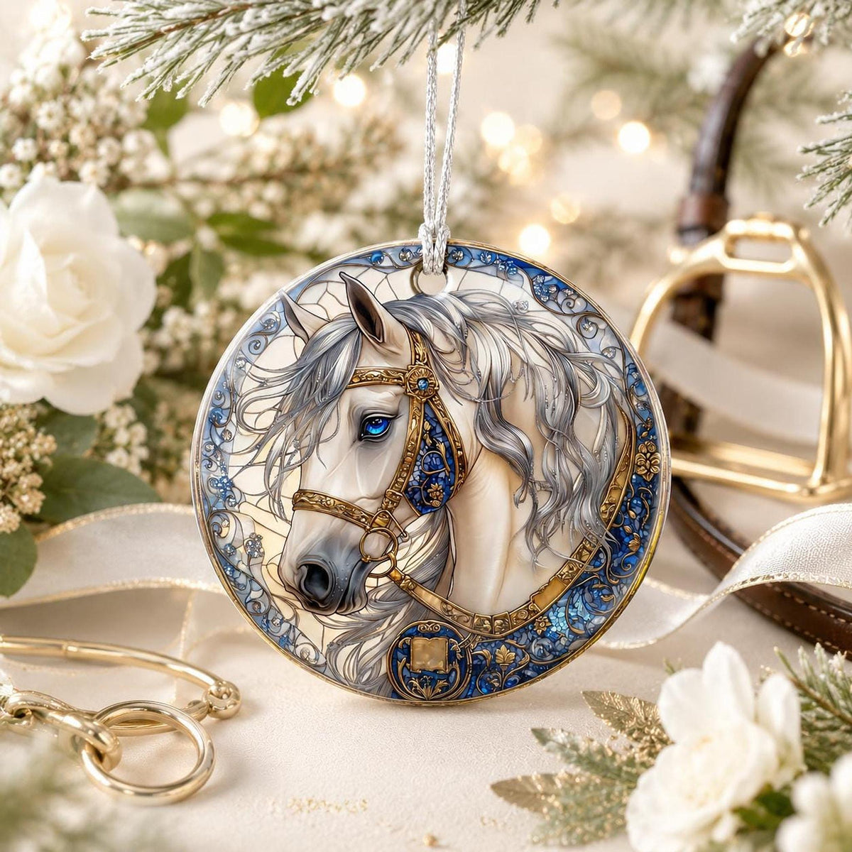 Elegant White Horse Ornament, Ceramic Keepsake with Floral Design