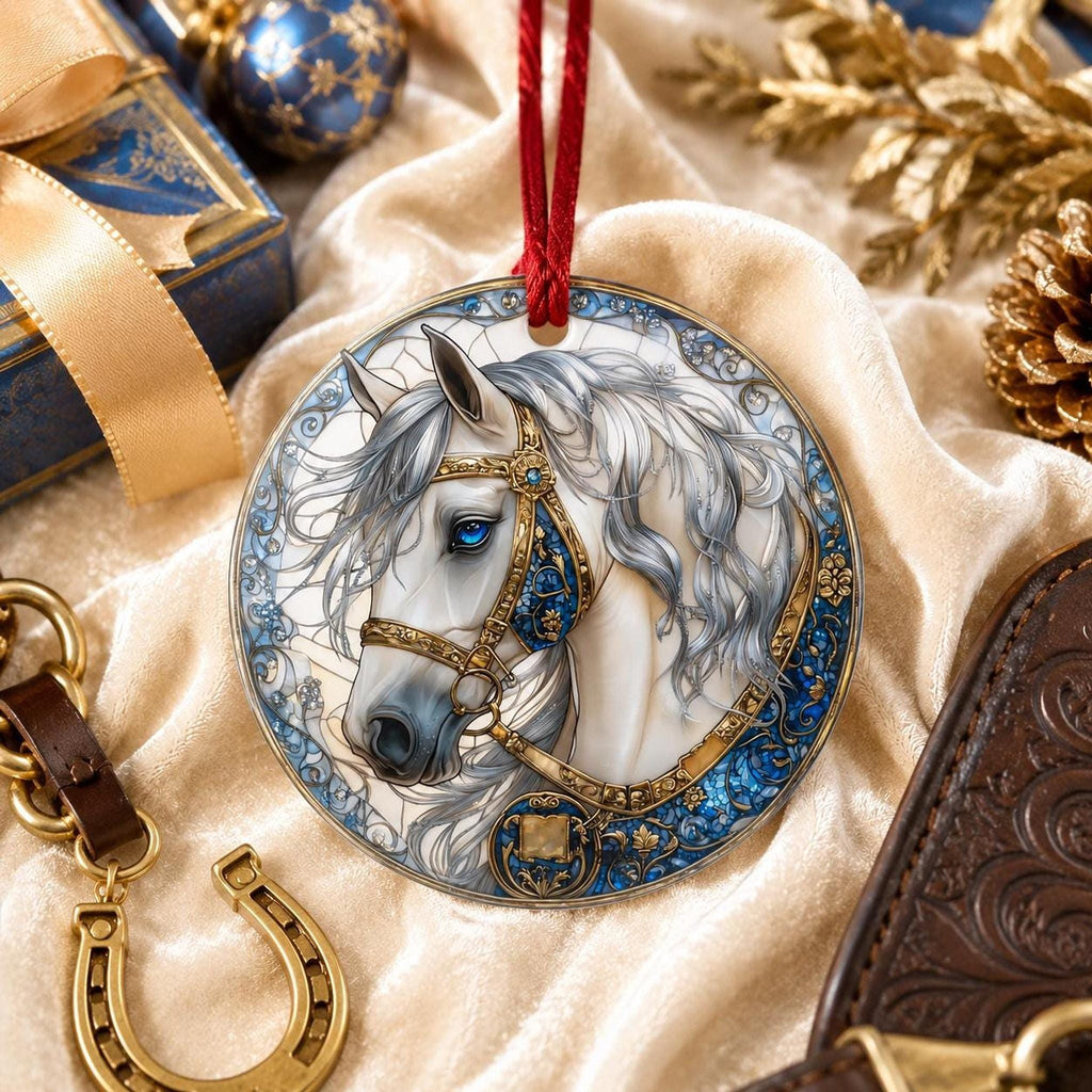Elegant White Horse Ornament, Ceramic Keepsake with Floral Design