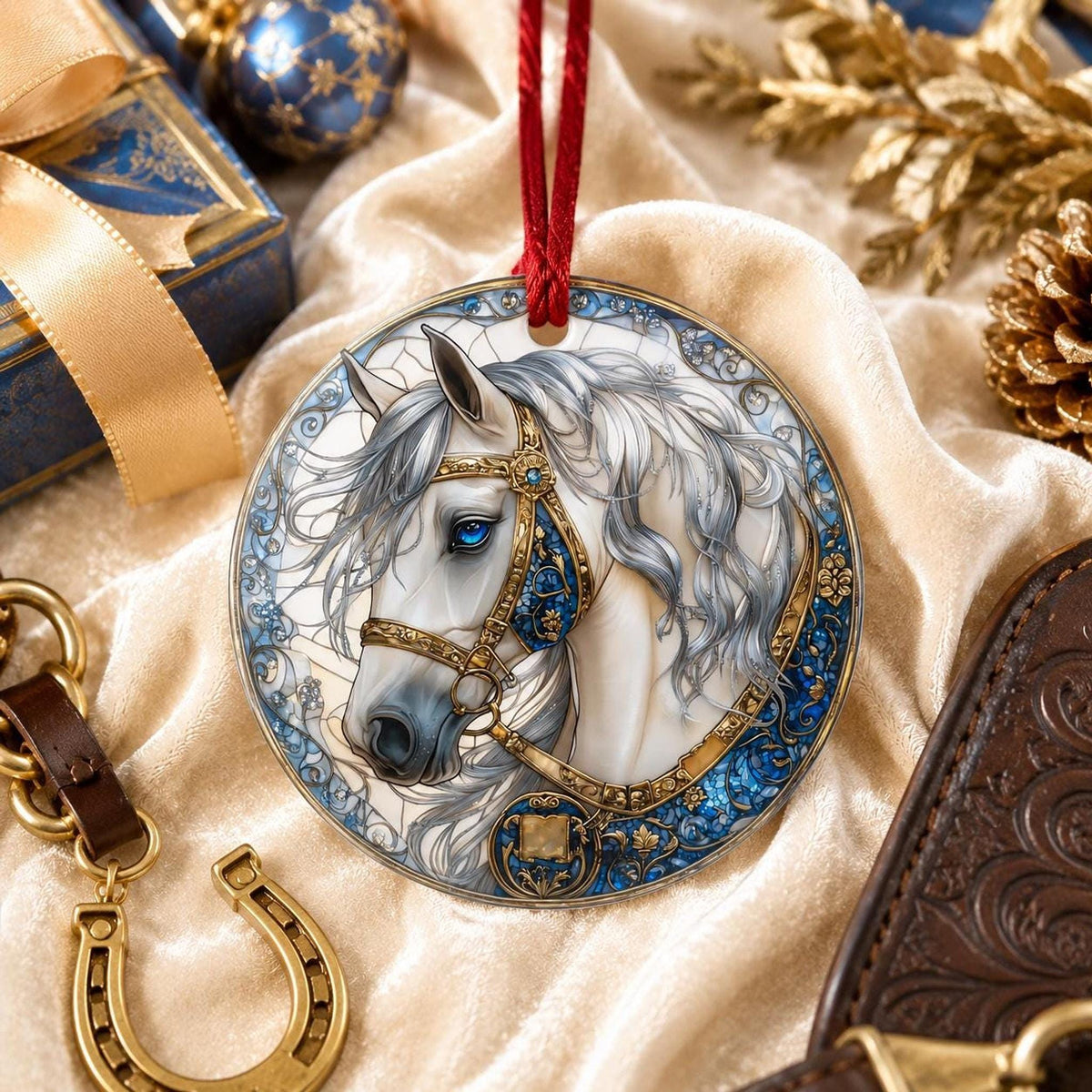 Elegant White Horse Ornament, Ceramic Keepsake with Floral Design