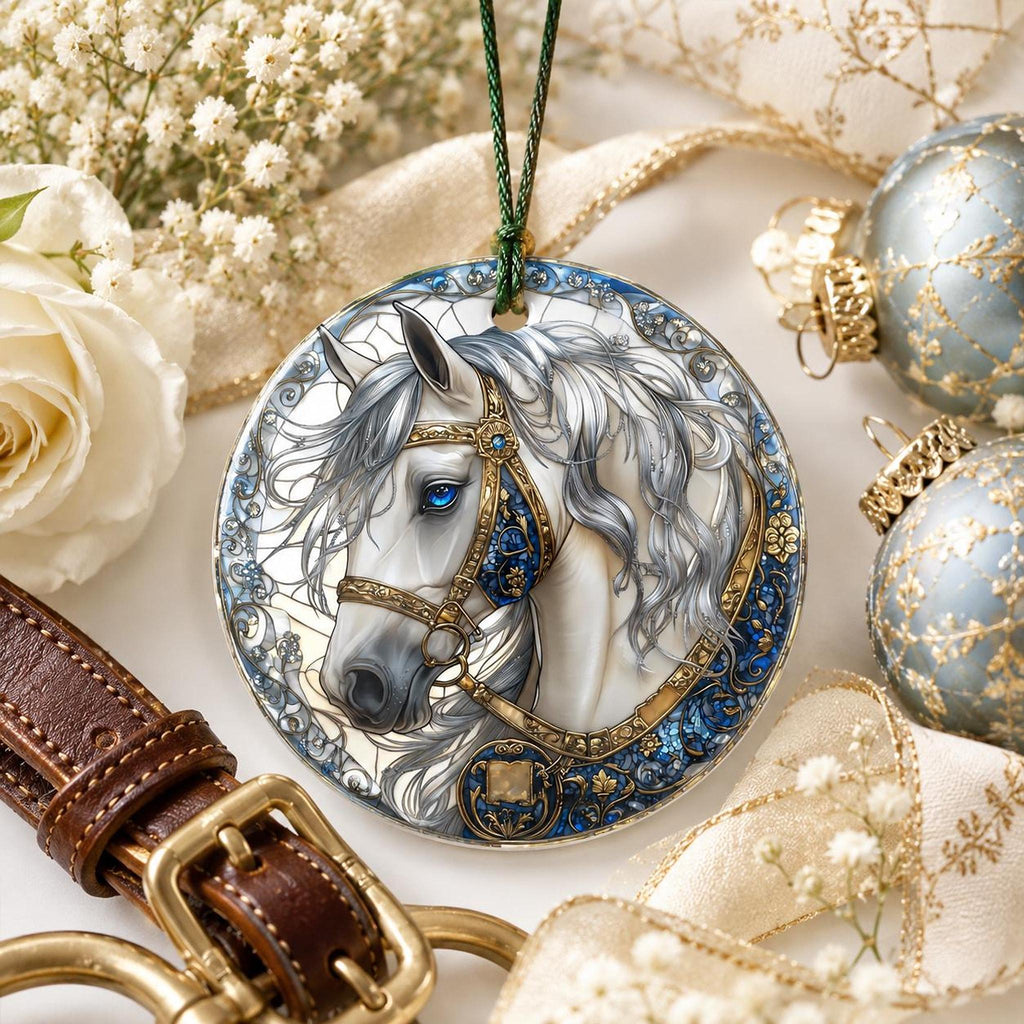 Elegant White Horse Ornament, Ceramic Keepsake with Floral Design