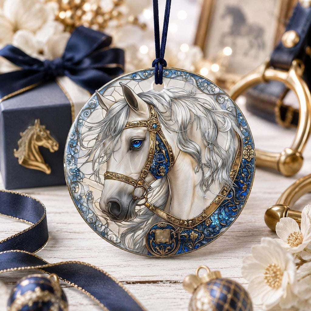 Elegant White Horse Ornament, Ceramic Keepsake with Floral Design