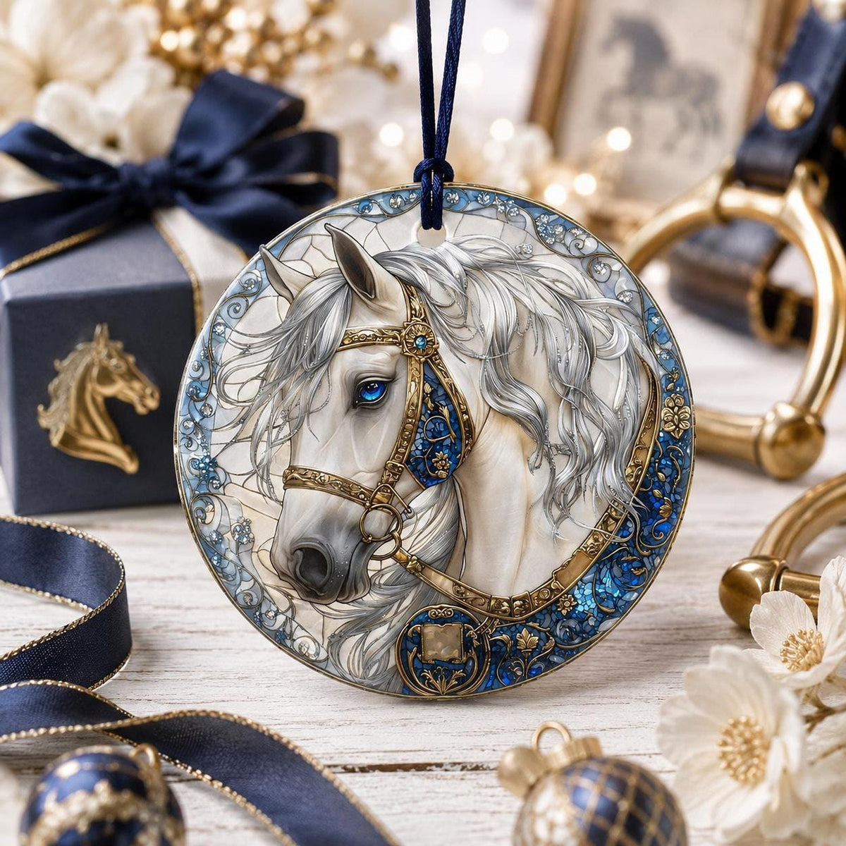 Elegant White Horse Ornament, Ceramic Keepsake with Floral Design