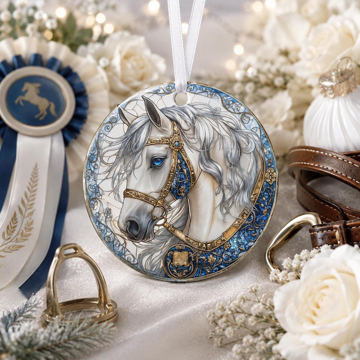 Elegant White Horse Ornament, Ceramic Keepsake with Floral Design