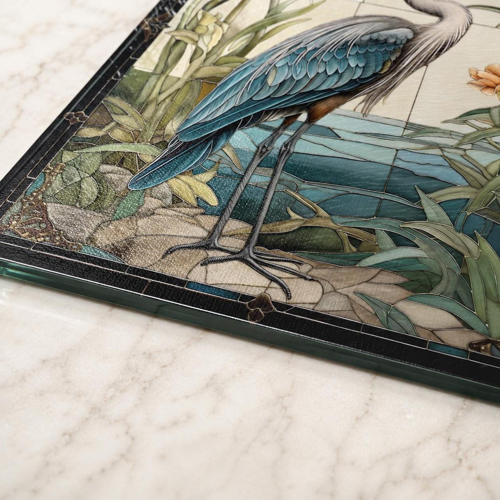 Blue Heron Gift Tempered Glass Cutting Board, Artful Wildlife Charcuterie Tray