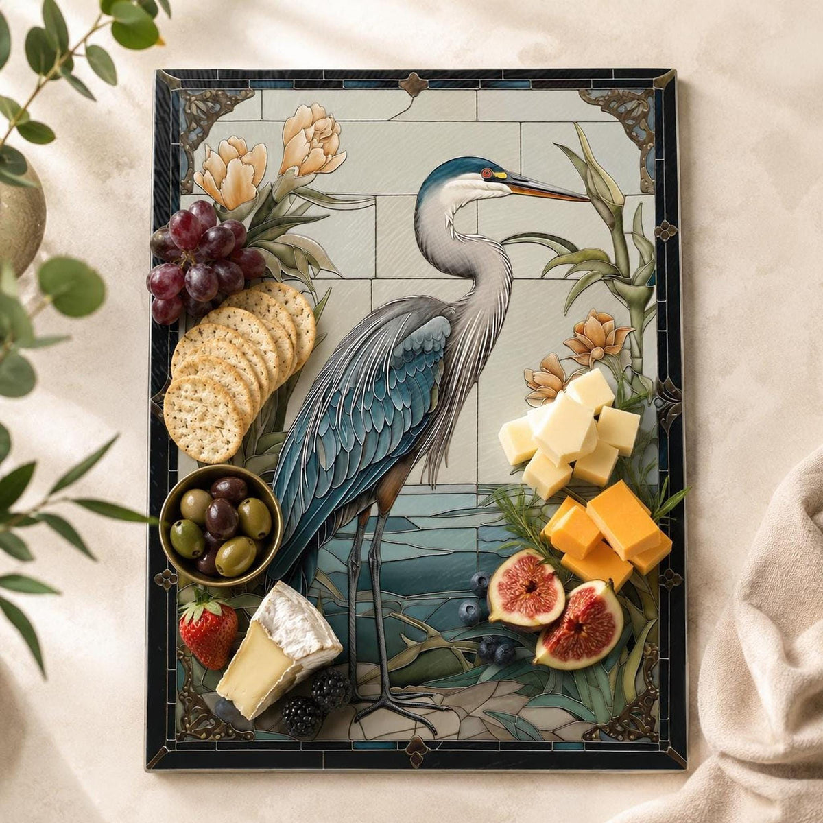 Blue Heron Gift Tempered Glass Cutting Board, Artful Wildlife Charcuterie Tray