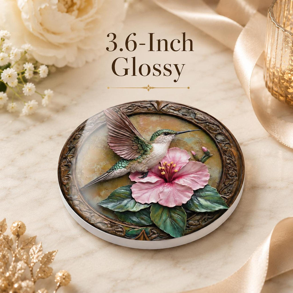 Hummingbird Ceramic Coaster with Pink Hibiscus Floral Design, Nature Lover Decor