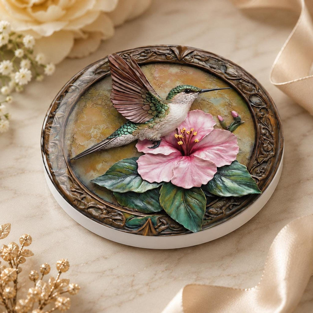 Hummingbird Ceramic Coaster with Pink Hibiscus Floral Design, Nature Lover Decor