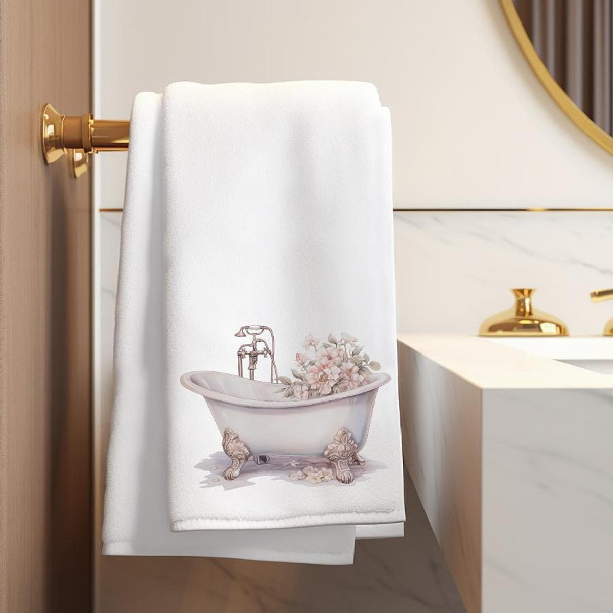 Vintage Bath Towel with Floral Design, Elegant Home Decor