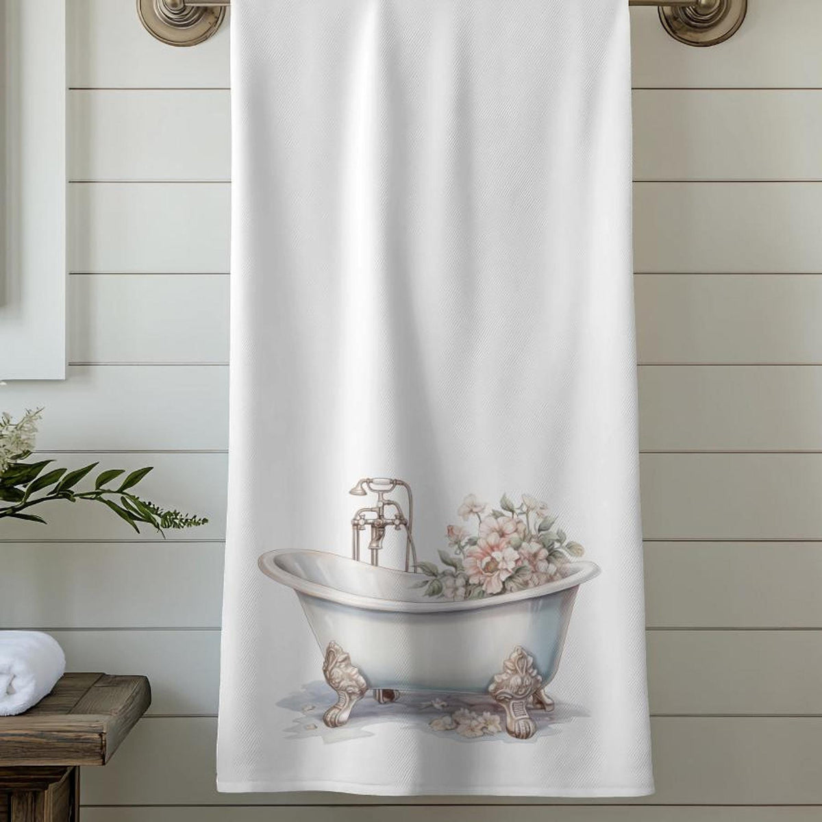 Vintage Bath Towel with Floral Design, Elegant Home Decor