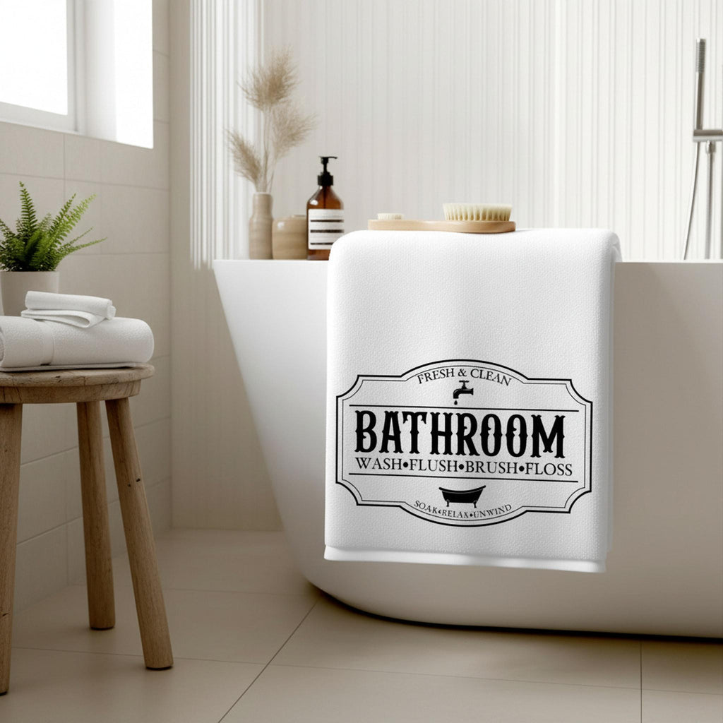 Vintage Bath Towel with Bathroom Typography, Black and White Design