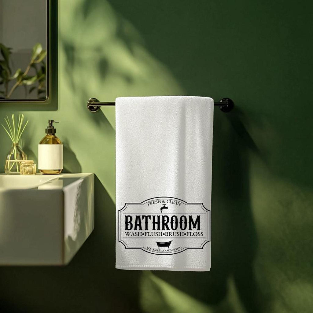 Vintage Bath Towel with Bathroom Typography, Black and White Design