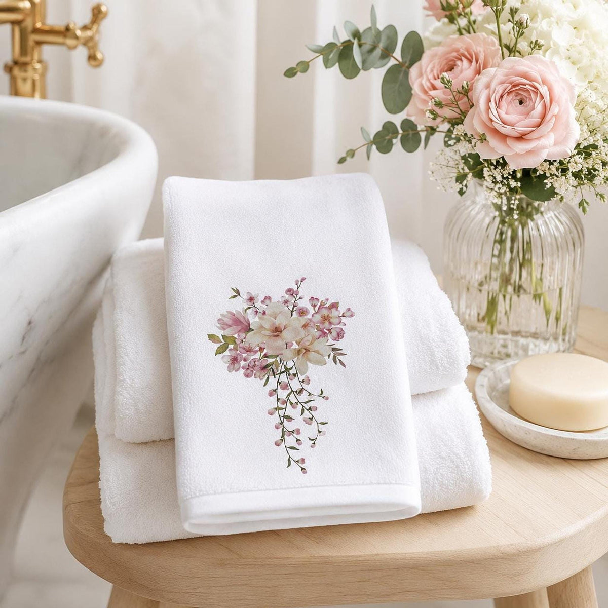 Pink Floral Towel, Elegant Fingertip for Powder Room Accent