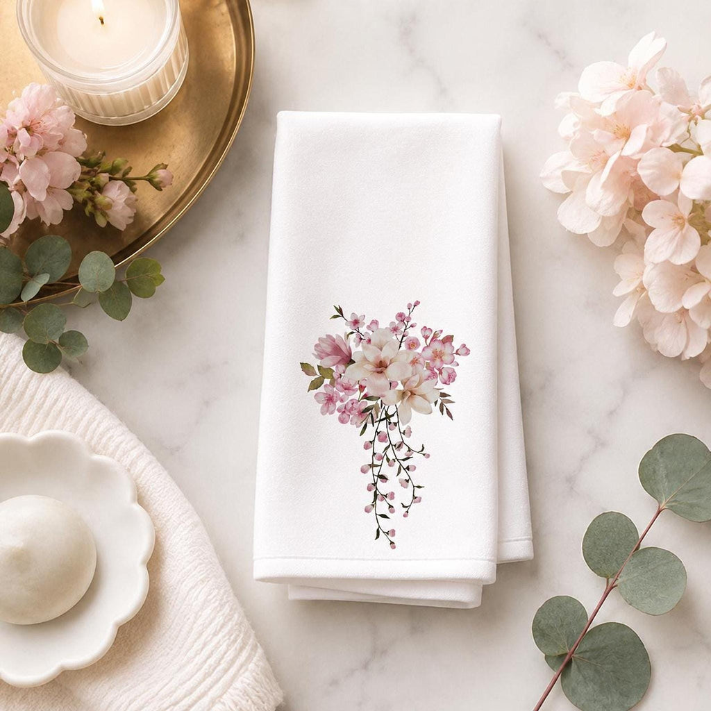 Pink Floral Towel, Elegant Fingertip for Powder Room Accent