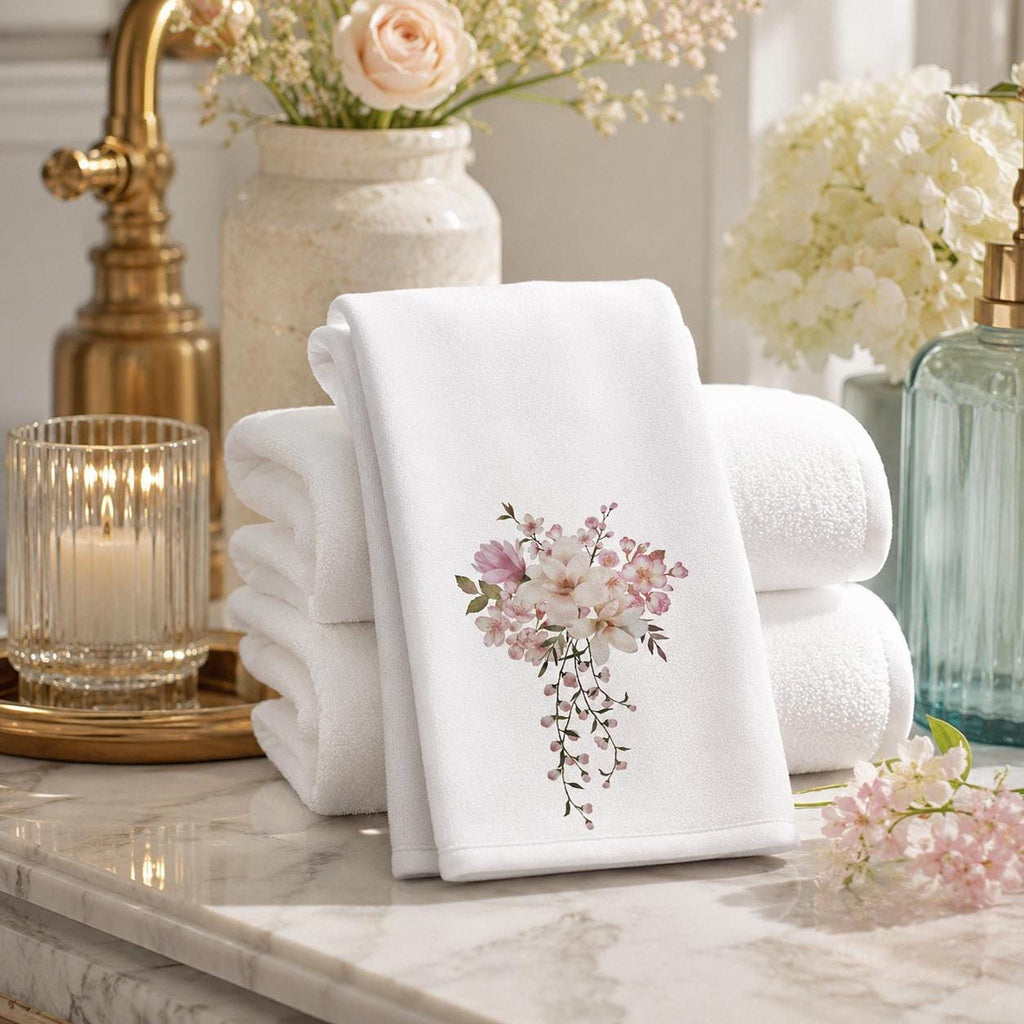 Pink Floral Towel, Elegant Fingertip for Powder Room Accent