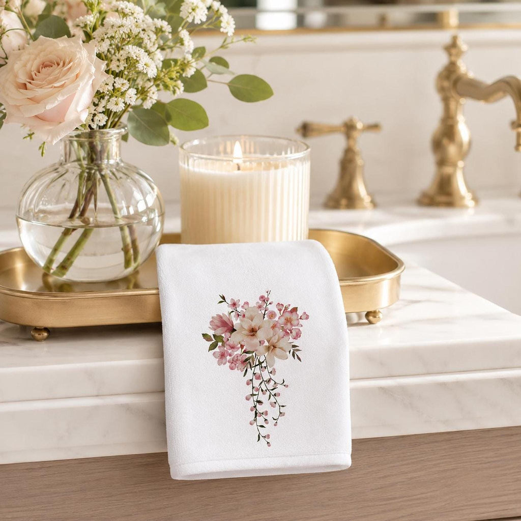 Pink Floral Towel, Elegant Fingertip for Powder Room Accent