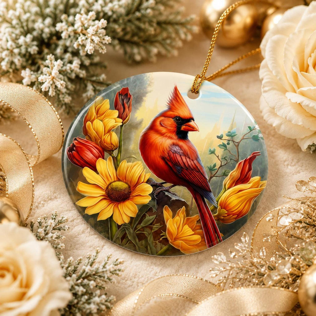 Cardinal Ornament, Red Bird Ceramic Keepsake with Floral Design