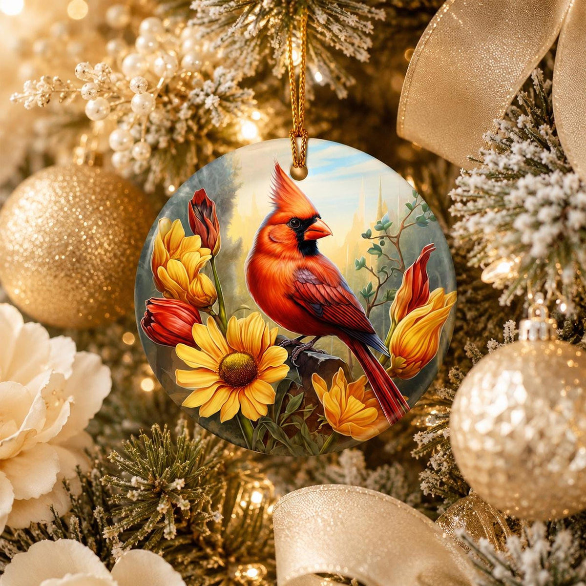Cardinal Ornament, Red Bird Ceramic Keepsake with Floral Design