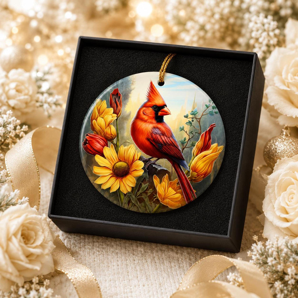 Cardinal Ornament, Red Bird Ceramic Keepsake with Floral Design