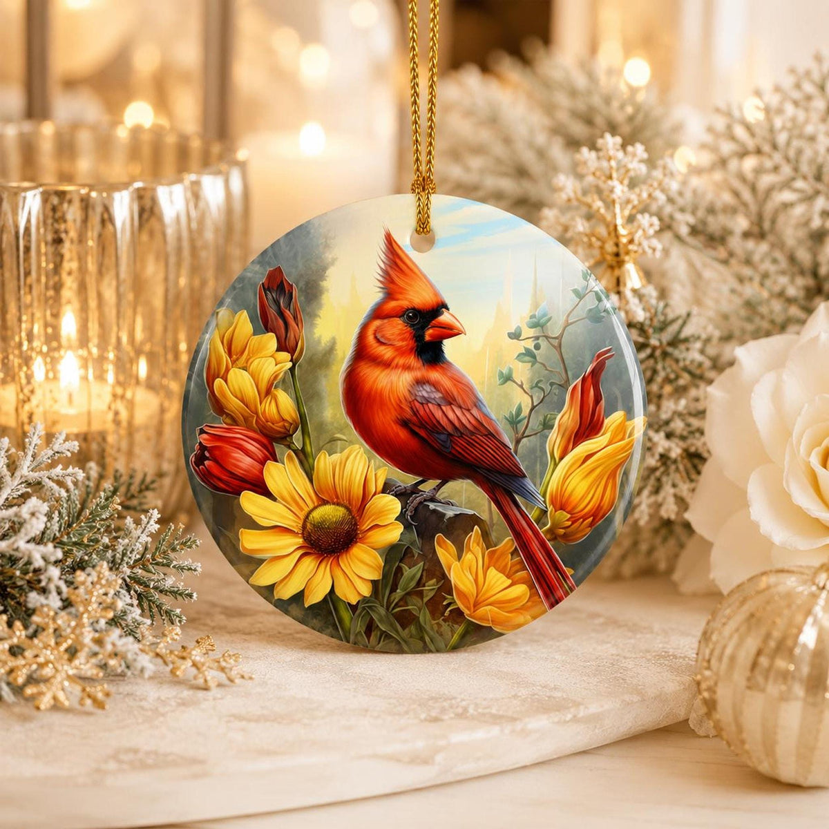 Cardinal Ornament, Red Bird Ceramic Keepsake with Floral Design
