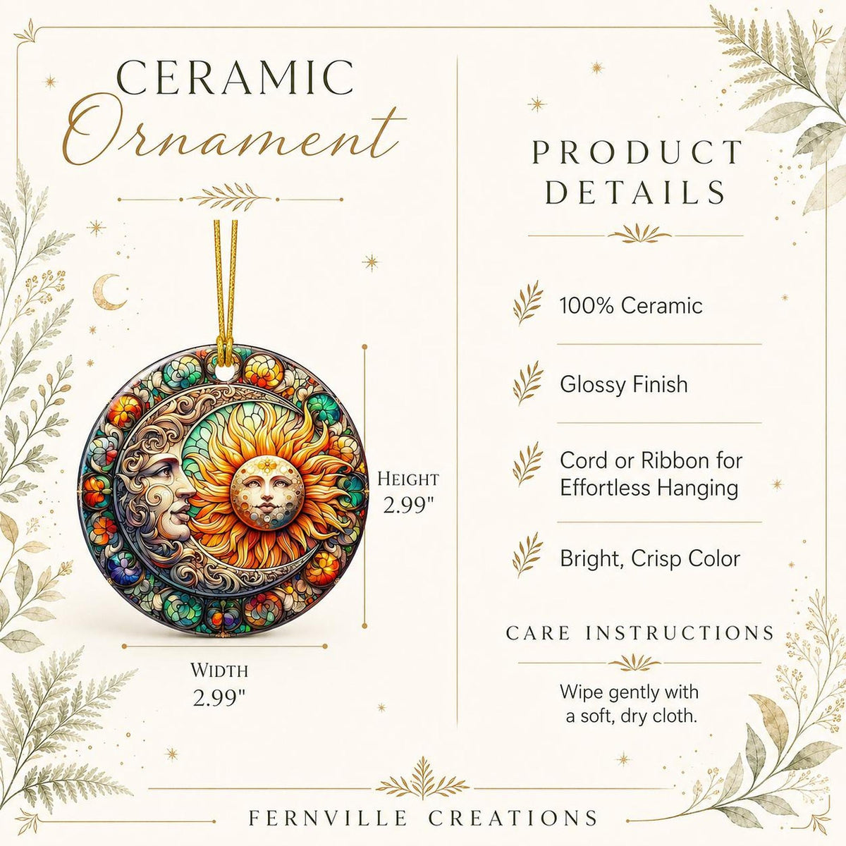 Sun Moon Ornament, Celestial Ceramic Keepsake with Colorful Floral Design