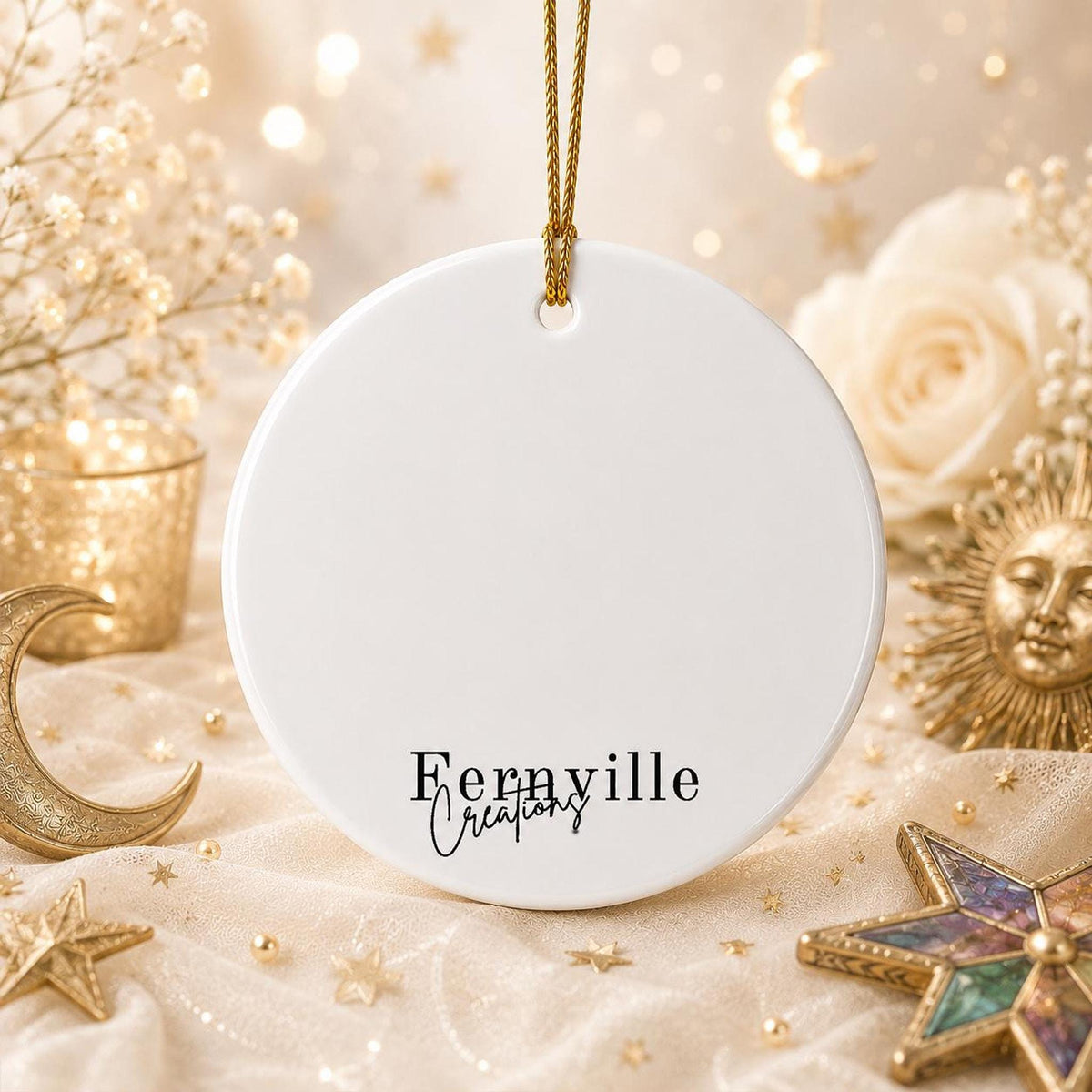 Sun Moon Ornament, Celestial Ceramic Keepsake with Colorful Floral Design