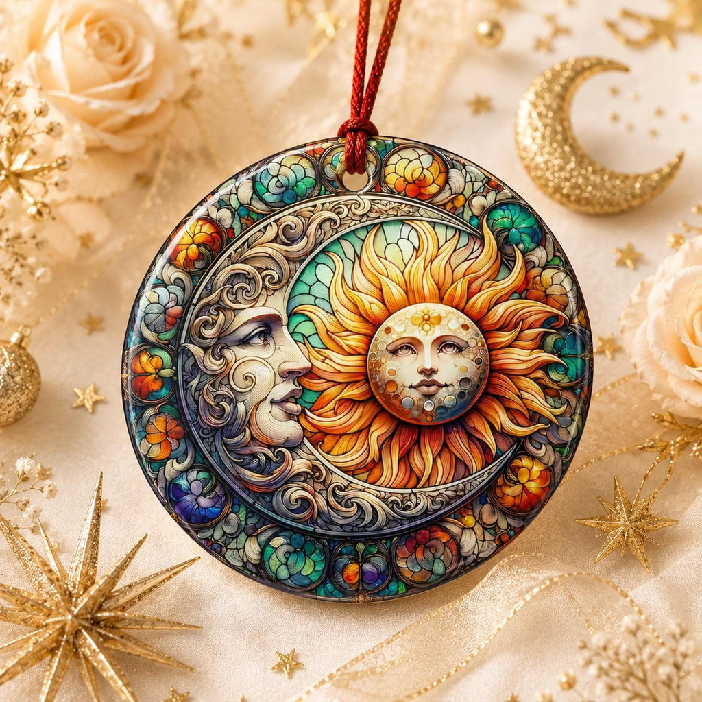 Sun Moon Ornament, Celestial Ceramic Keepsake with Colorful Floral Design