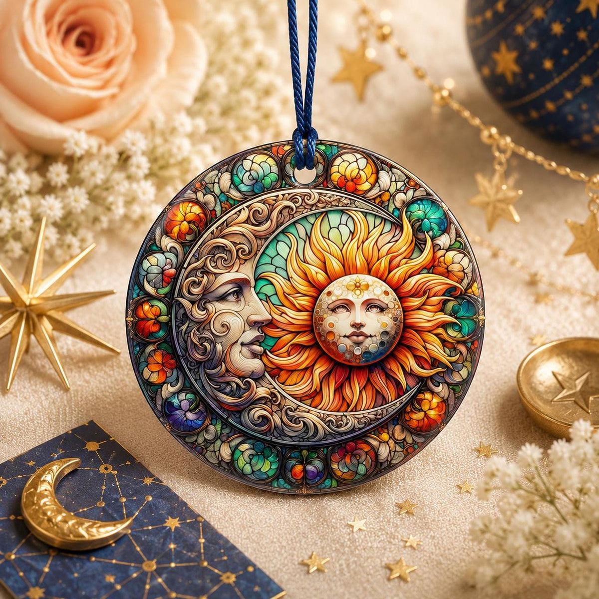 Sun Moon Ornament, Celestial Ceramic Keepsake with Colorful Floral Design