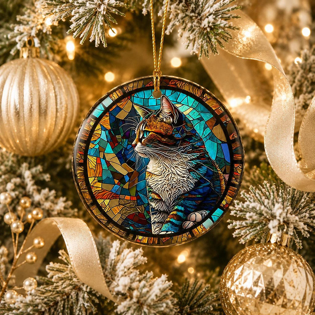 Colorful Tabby Cat Ornament, Ceramic Keepsake for Cat Lovers