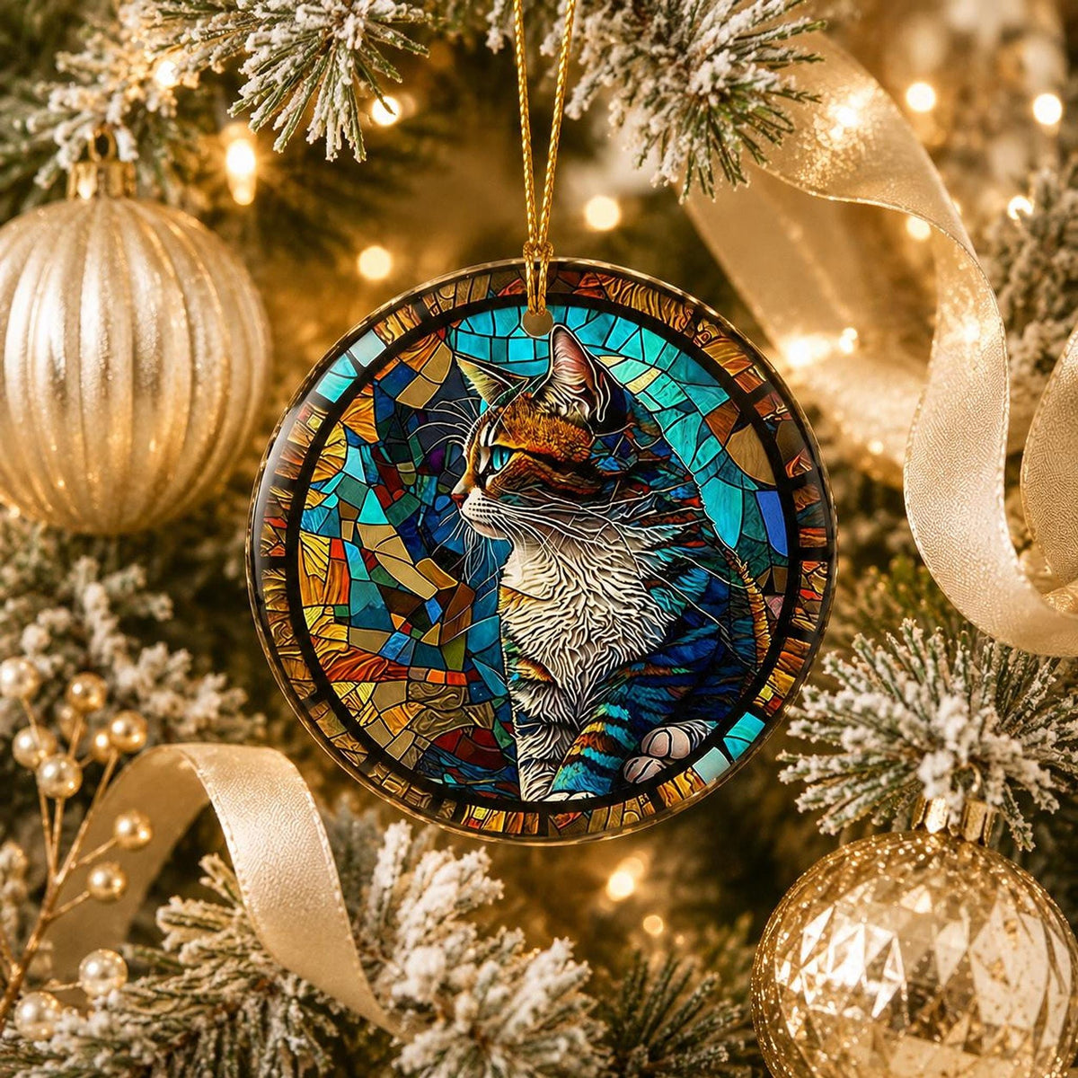 Colorful Tabby Cat Ornament, Ceramic Keepsake for Cat Lovers