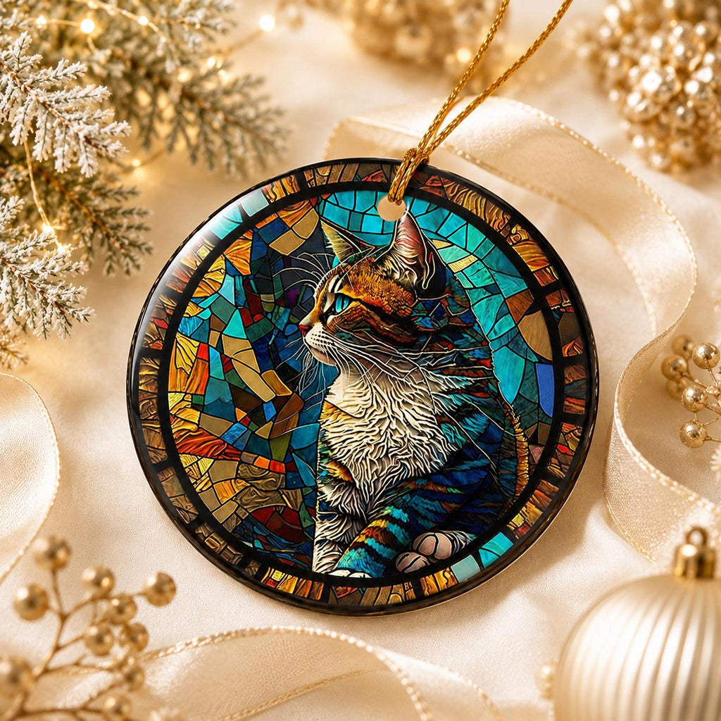 Colorful Tabby Cat Ornament, Ceramic Keepsake for Cat Lovers