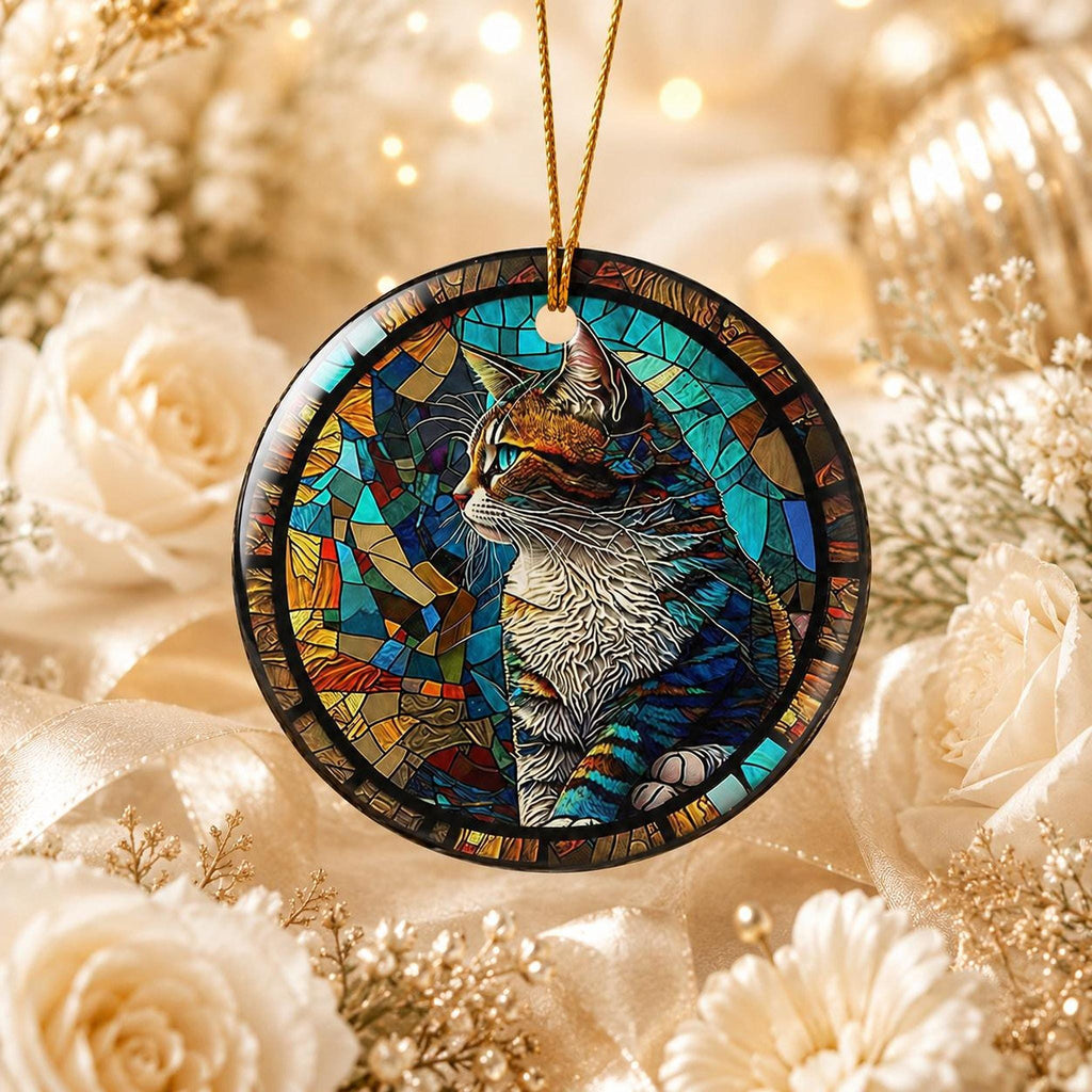 Colorful Tabby Cat Ornament, Ceramic Keepsake for Cat Lovers