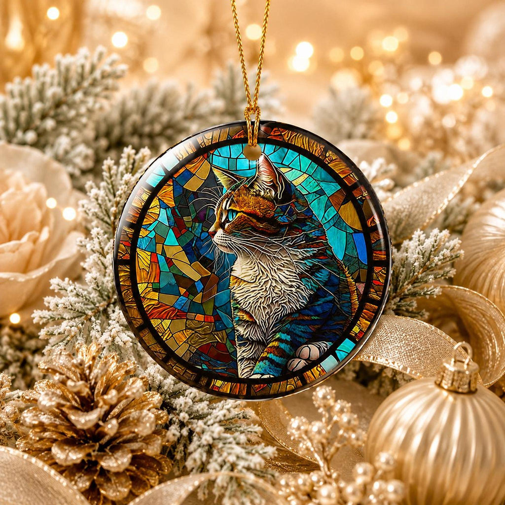 Colorful Tabby Cat Ornament, Ceramic Keepsake for Cat Lovers