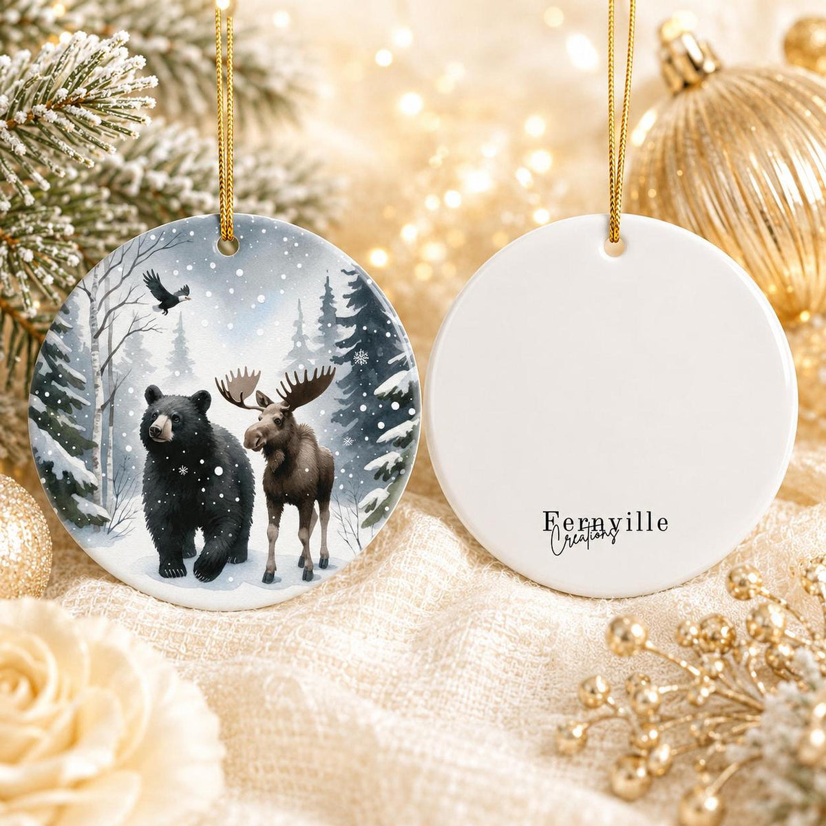 Bear Moose Ornament, Winter Wildlife Art in Snowy Evergreen Forest