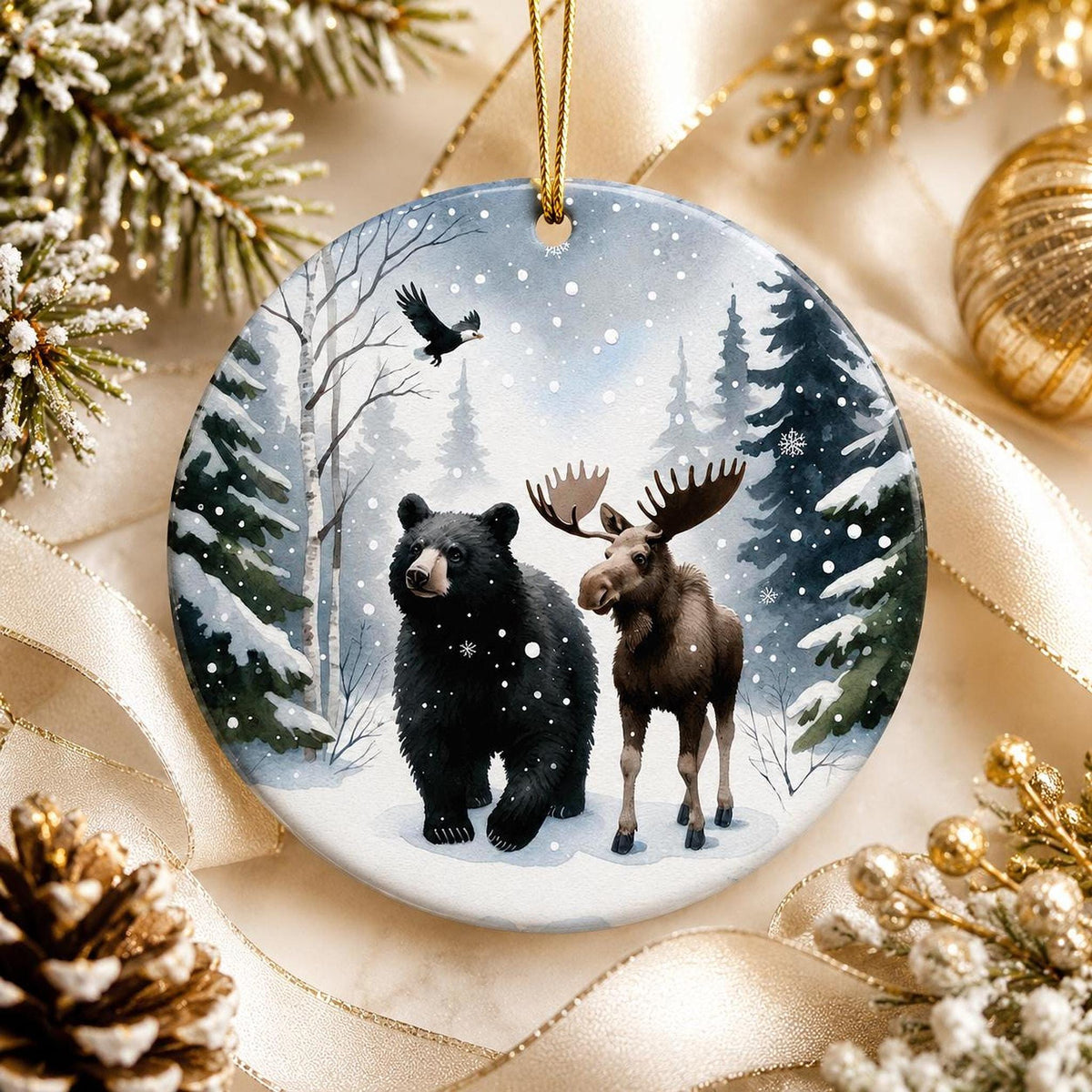 Bear Moose Ornament, Winter Wildlife Art in Snowy Evergreen Forest