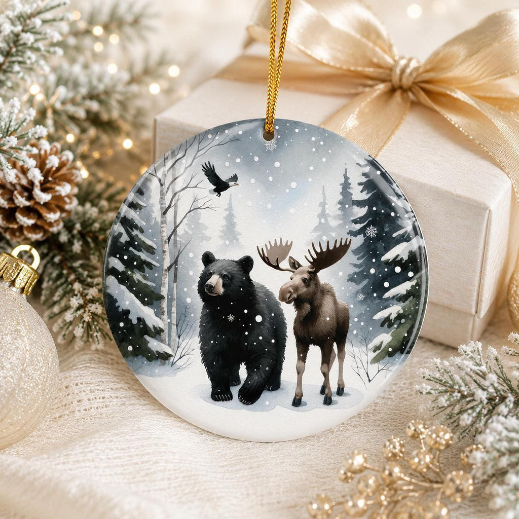 Bear Moose Ornament, Winter Wildlife Art in Snowy Evergreen Forest