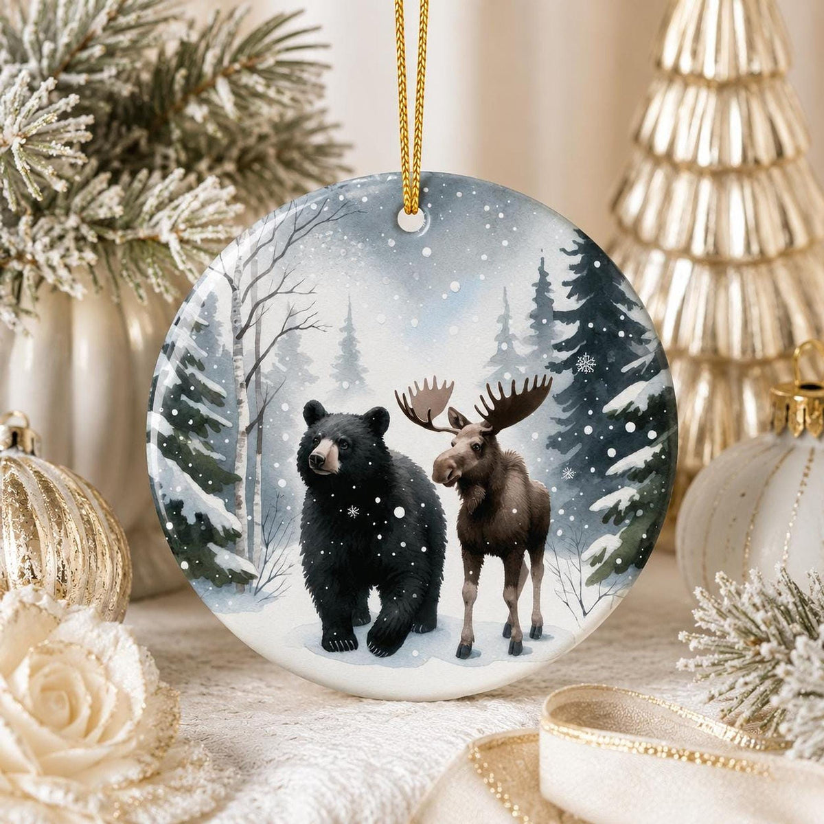 Bear Moose Ornament, Winter Wildlife Art in Snowy Evergreen Forest