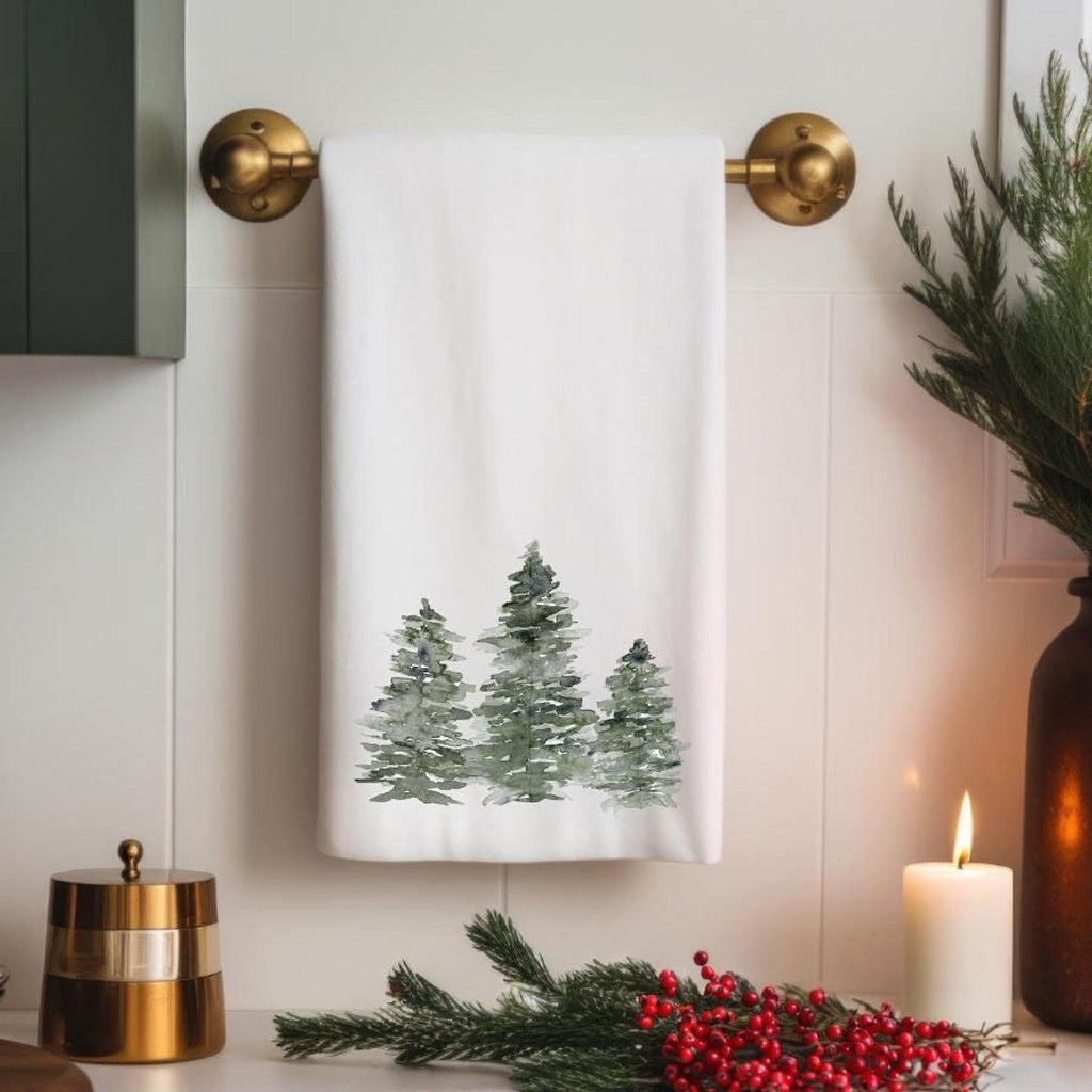 Guest Hand Towel with Evergreen Trees Design, Soft Polyester & Cotton Blend