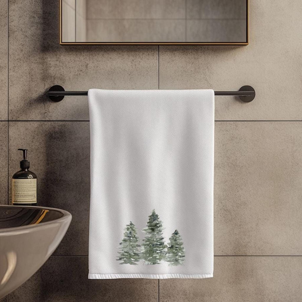 Guest Hand Towel with Evergreen Trees Design, Soft Polyester & Cotton Blend