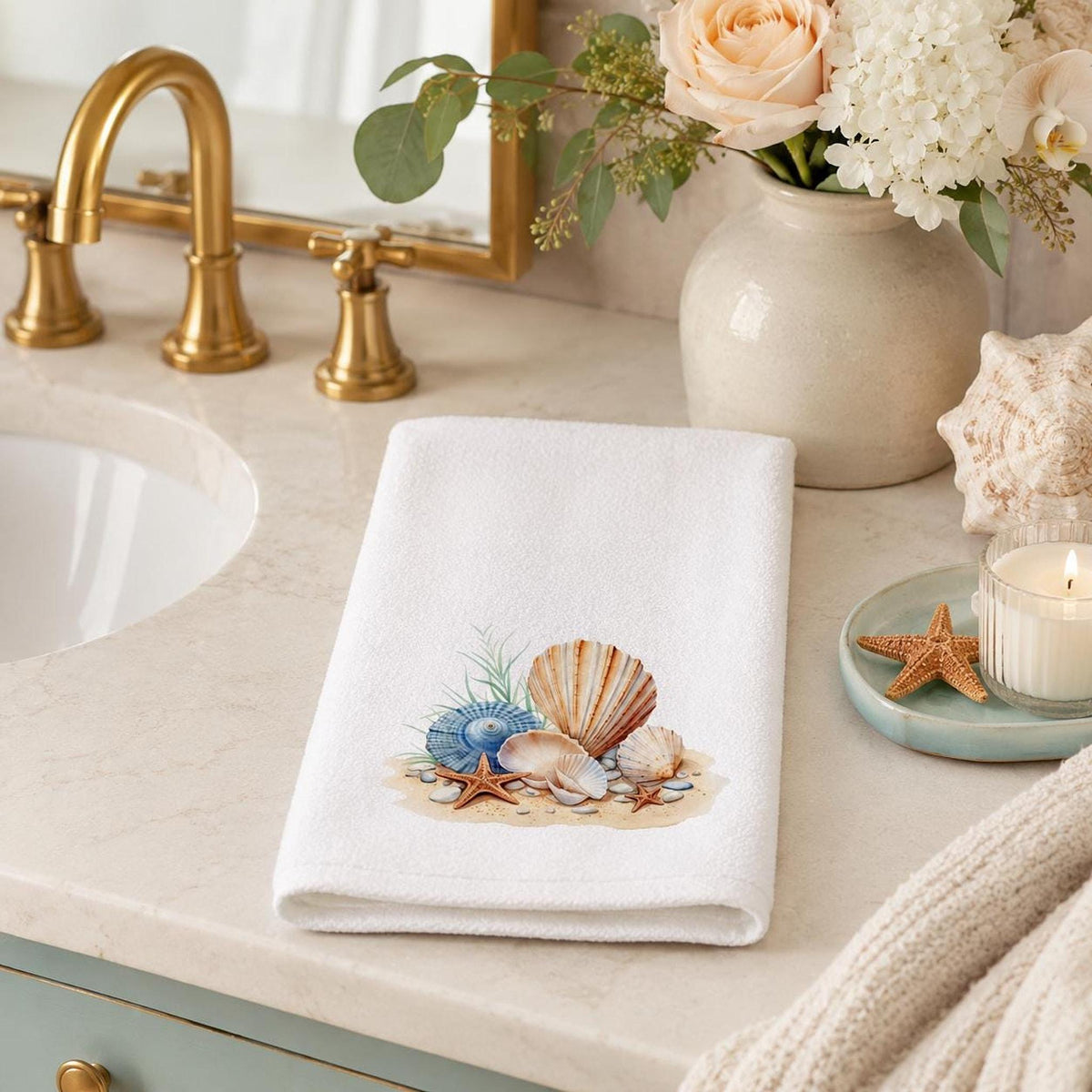 Coastal Hand Towel with Seashell and Starfish Design, Beach House Decor
