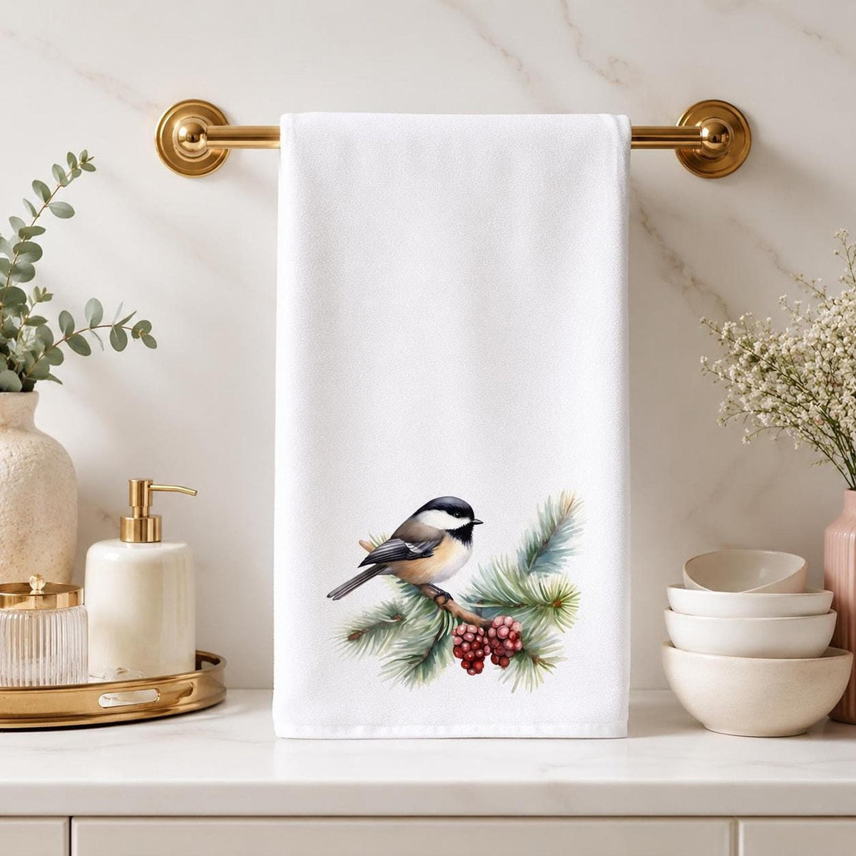 Chickadee Towel, Soft Absorbent Hand with Winter Bird Design