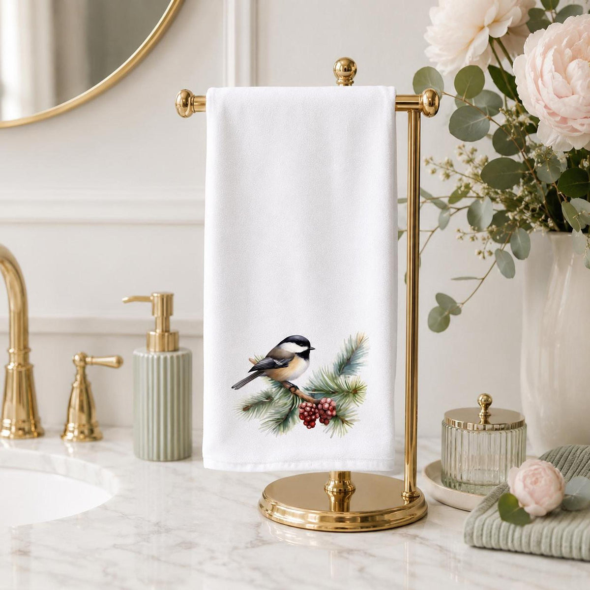 Chickadee Towel, Soft Absorbent Hand with Winter Bird Design