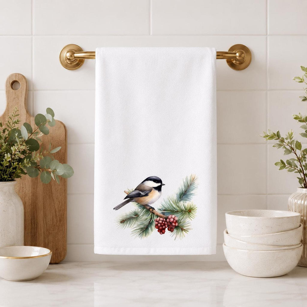 Chickadee Towel, Soft Absorbent Hand with Winter Bird Design