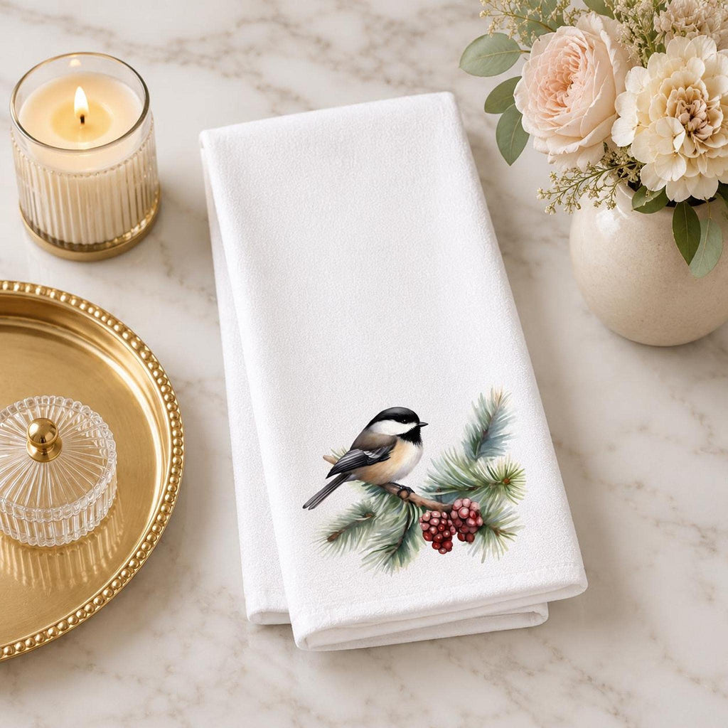 Chickadee Towel, Soft Absorbent Hand with Winter Bird Design