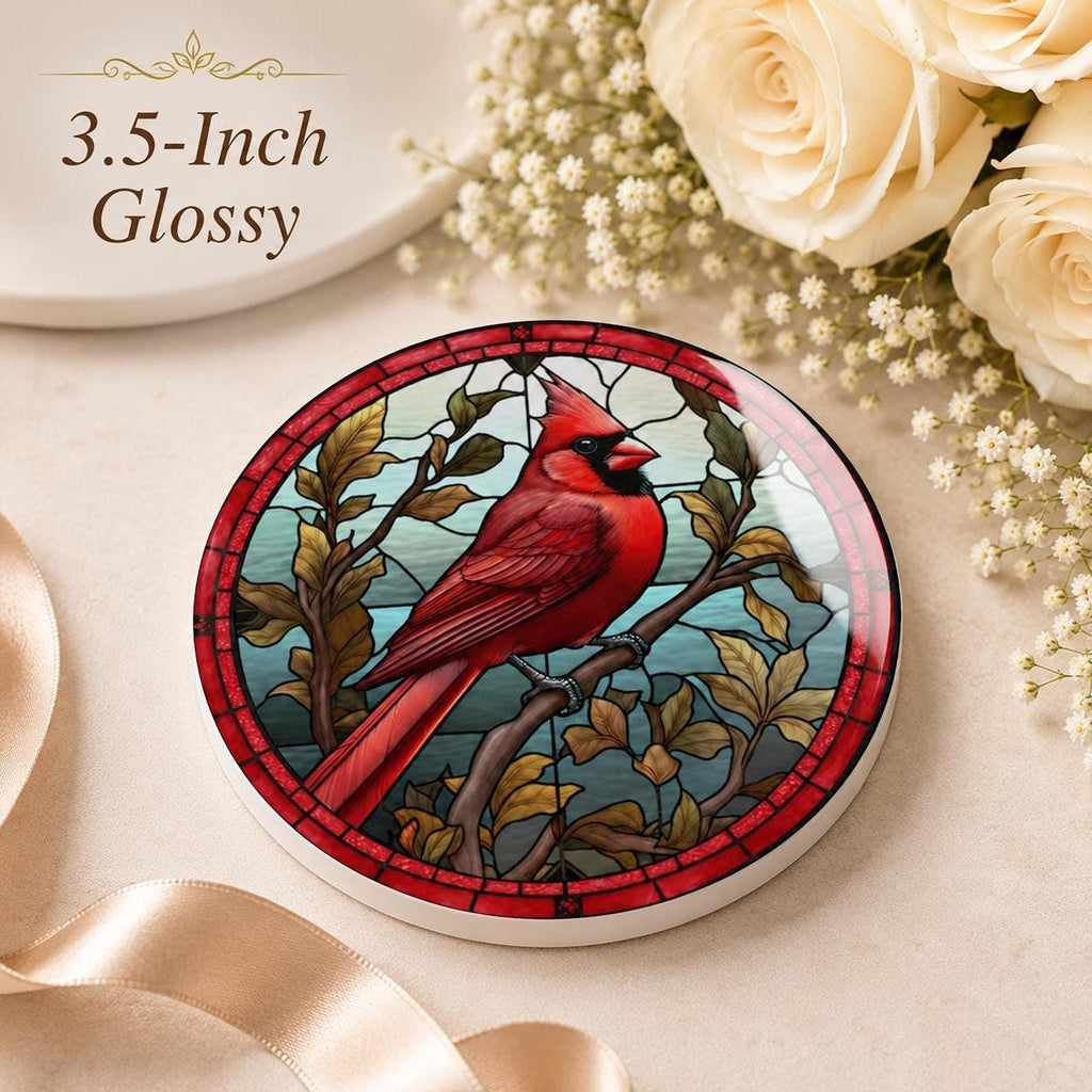 Cardinal Coaster, Vibrant Red Bird Design with Botanical Elements
