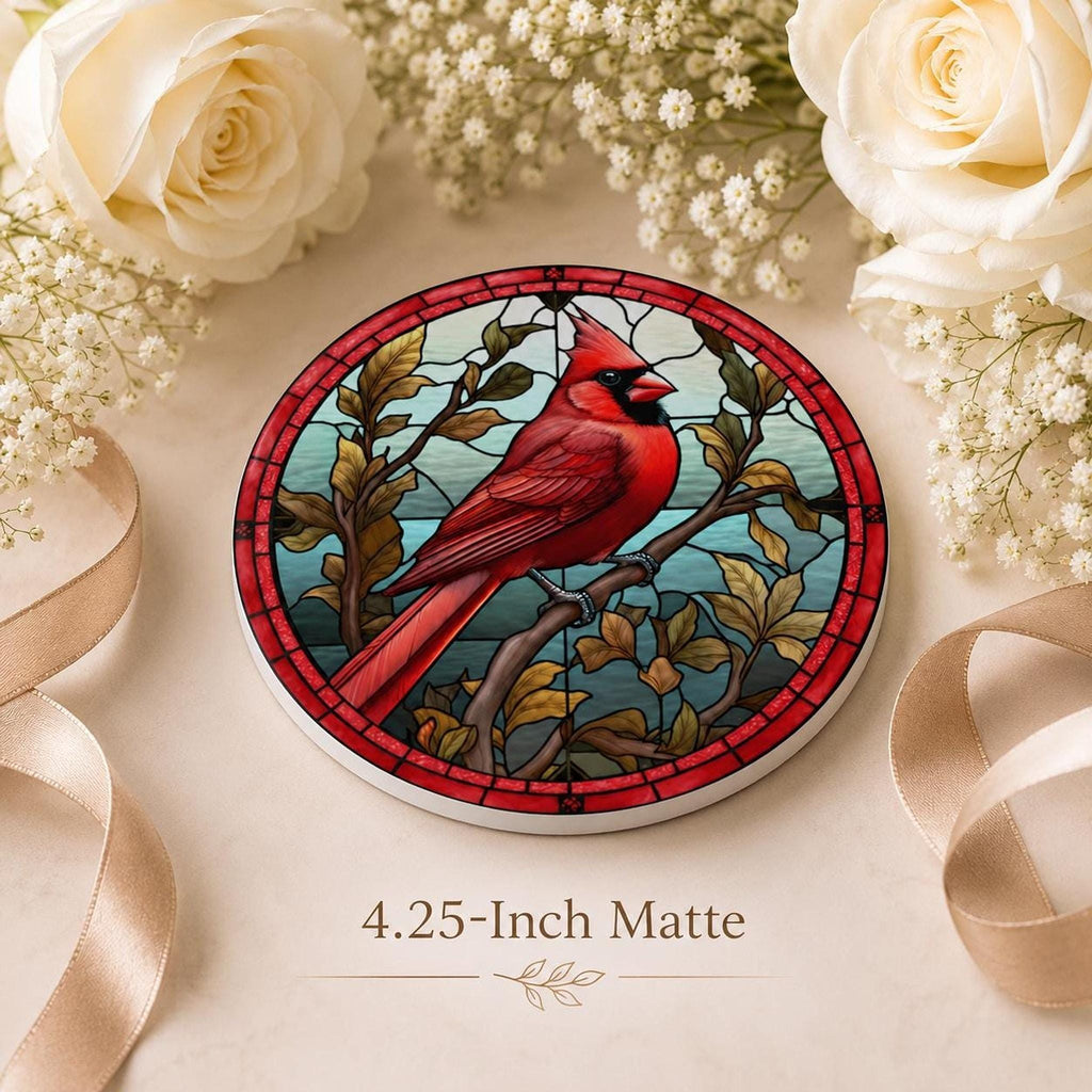 Cardinal Coaster, Vibrant Red Bird Design with Botanical Elements