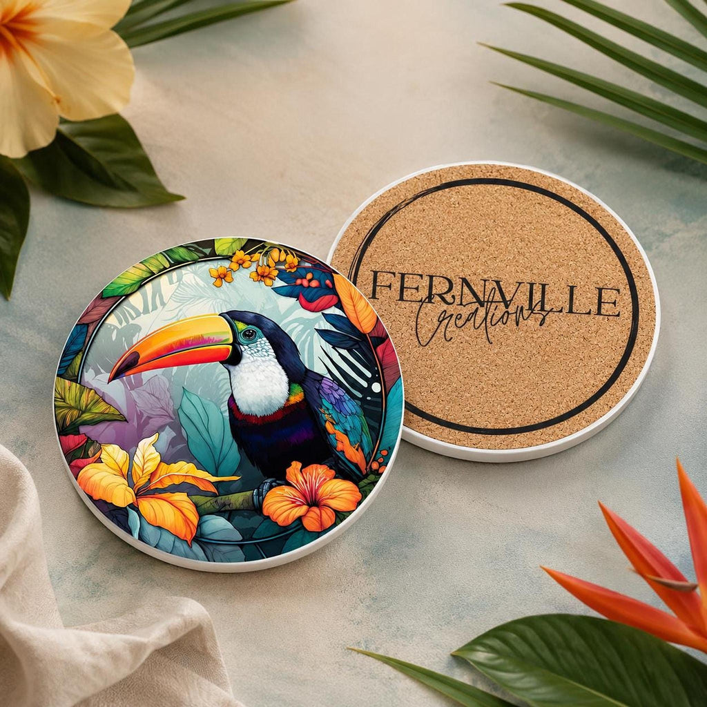Tropical Toucan Ceramic Coaster, Colorful Jungle Bird Design