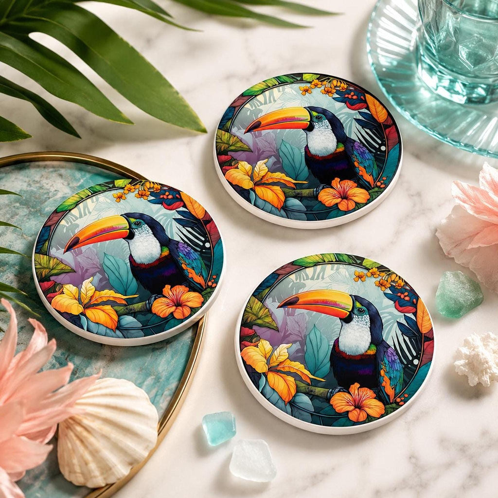 Tropical Toucan Ceramic Coaster, Colorful Jungle Bird Design